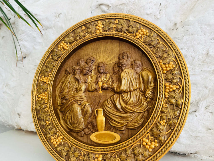 Round Last Supper Wooden Carved Plaque - Kozak Work Shop