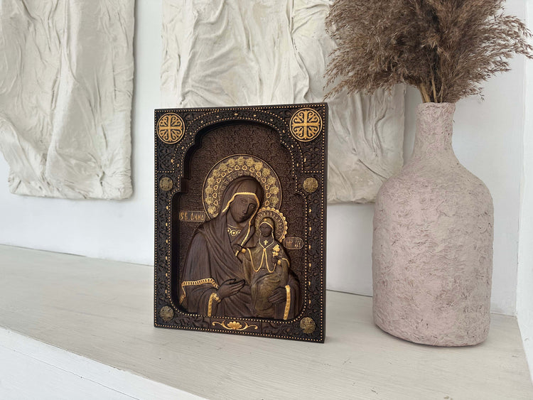 Blessed Virgin Mary of Vladimir Wooden Sculpture - Kozak Work Shop