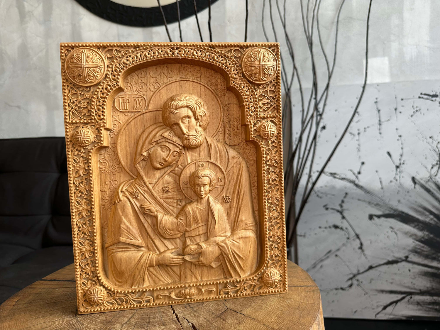 Holy Familly Wooden Carved Byzantine Image - Kozak Work Shop