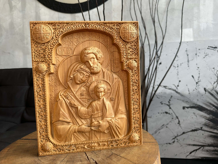 Holy Familly Wooden Carved Byzantine Image - Kozak Work Shop