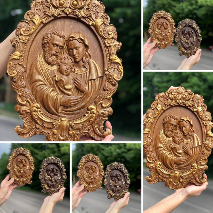 Holy Familly Wooden Carved Icon with Classical Frame - Kozak Work Shop