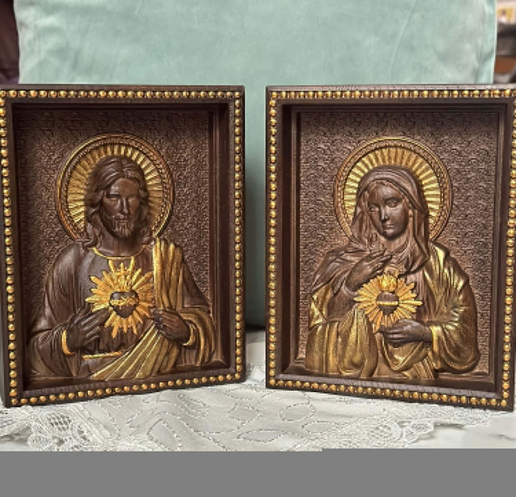 Sacred Heart of Jesus and Immaculate Heart of Mary Set of two Wooden panels Wooden carved statuary 6x7 inches Religious gift