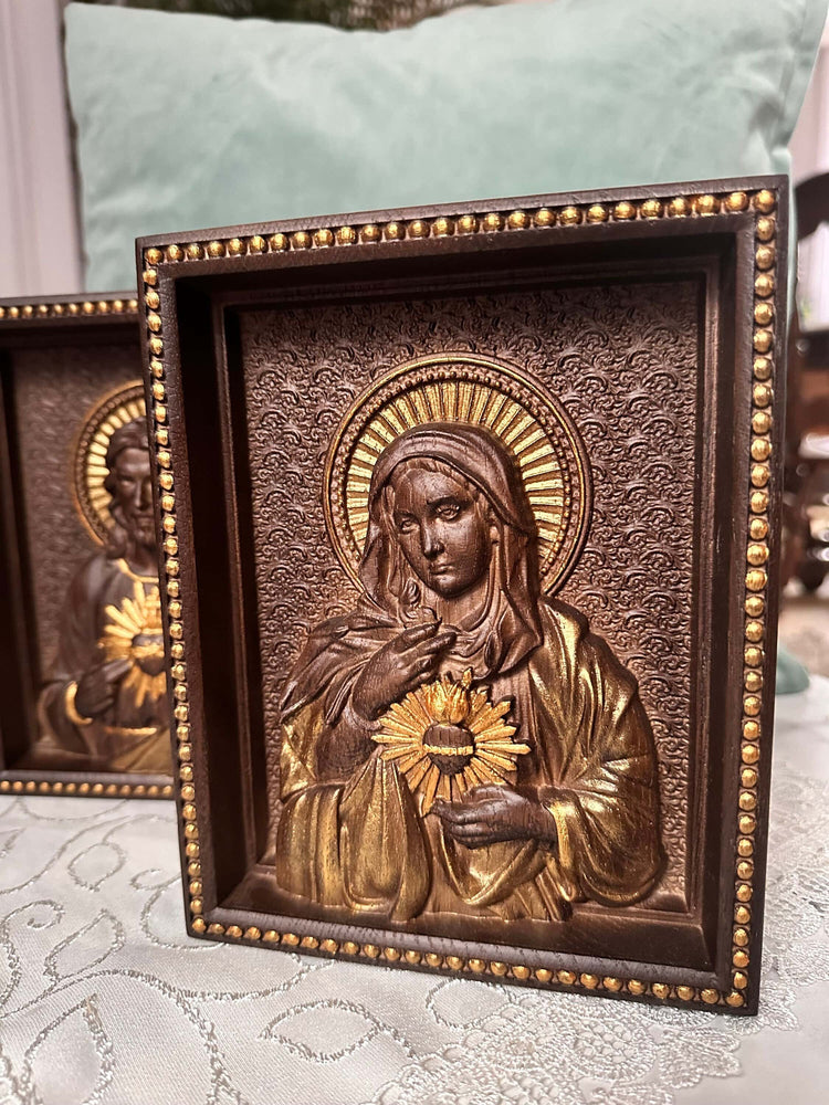 Sacred Heart of Jesus and Immaculate Heart of Mary Set of two Wooden panels Wooden carved statuary 6x7 inches Religious gift