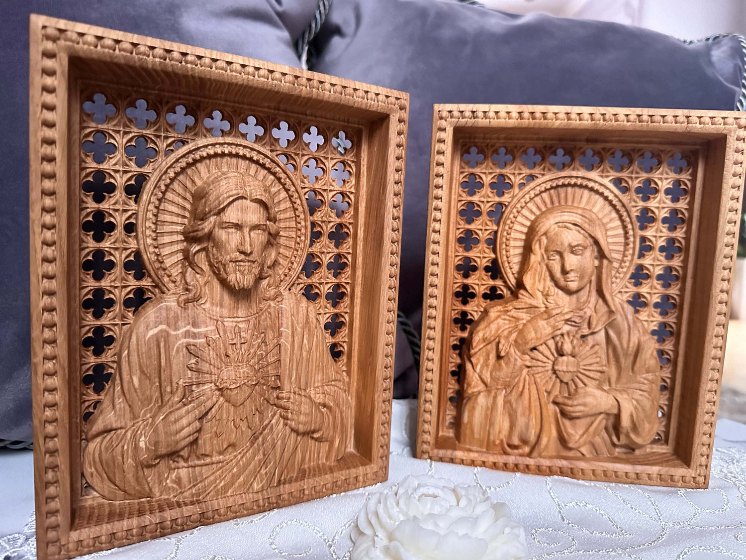 Sacred Heart of Jesus and Immaculate Heart of Mary Set of two Wooden panels Wooden carved statuary 6x7 inches Religious gift