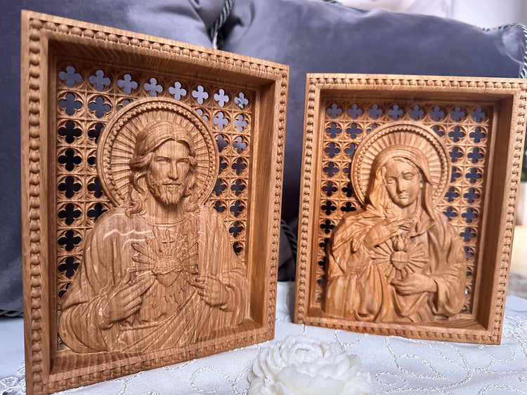 Sacred Heart of Jesus and Immaculate Heart of Mary Set of two Wooden panels Wooden carved statuary 6x7 inches Religious gift