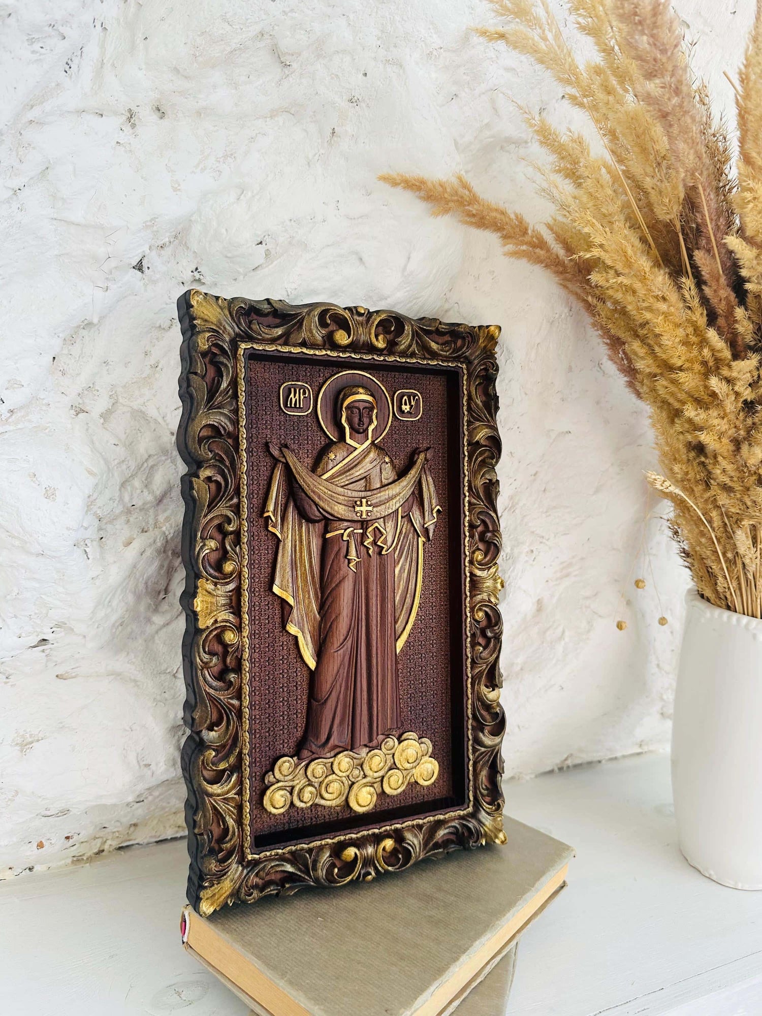 Christian Housewarming gift Wood Carved Religious orthodox icon Virgin Mary Personalized engraved christian wall art on wood