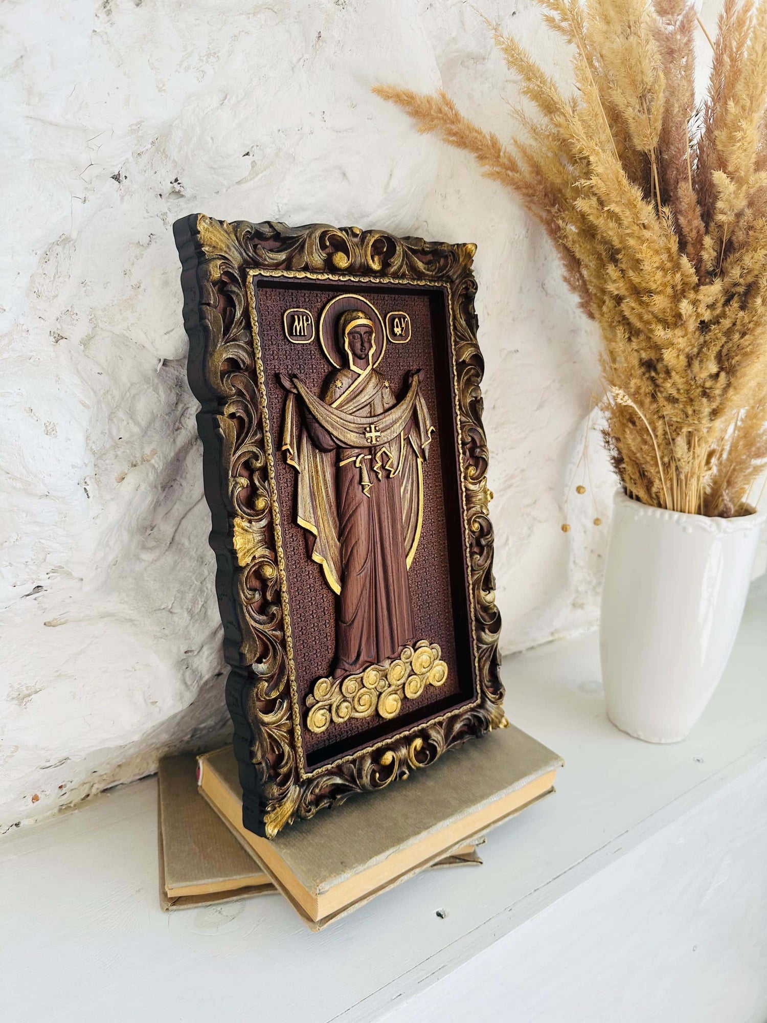Christian Housewarming gift Wood Carved Religious orthodox icon Virgin Mary Personalized engraved christian wall art on wood