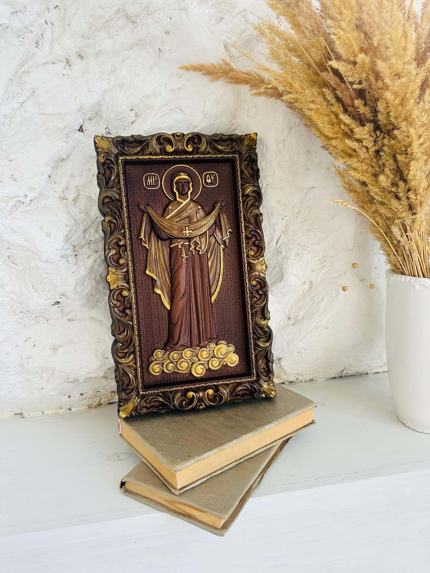 Christian Housewarming gift Wood Carved Religious orthodox icon Virgin Mary Personalized engraved christian wall art on wood
