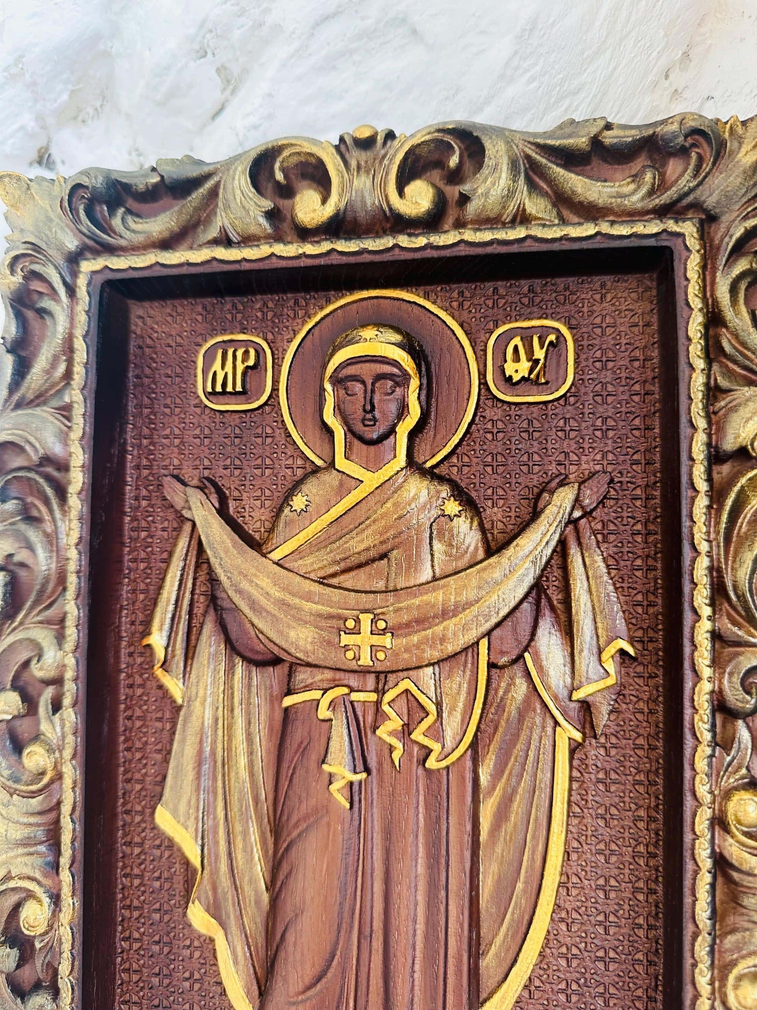 Christian Housewarming gift Wood Carved Religious orthodox icon Virgin Mary Personalized engraved christian wall art on wood