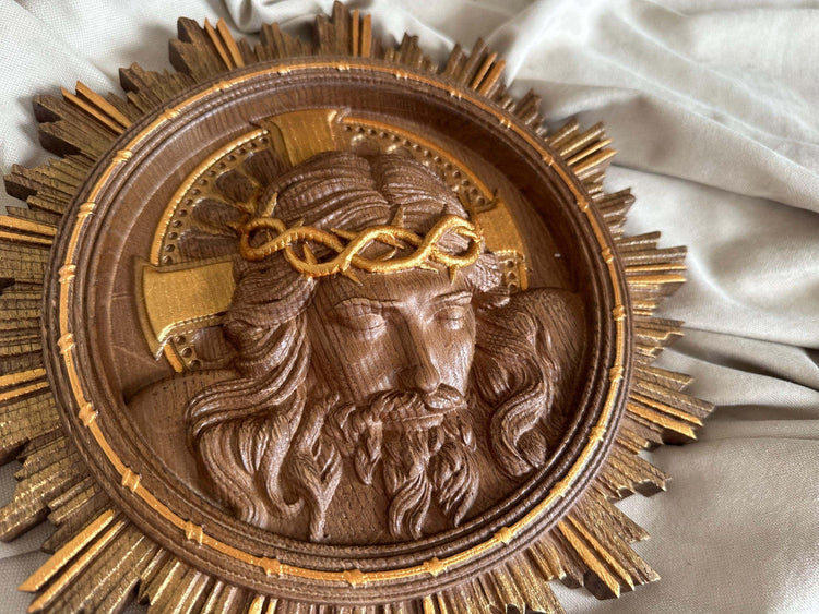 Jesus Art Christ Wearing Crown of Thorns Wooden Carved Christian gift Wall Hanging Art Work gift idea Christmas gift from daughter