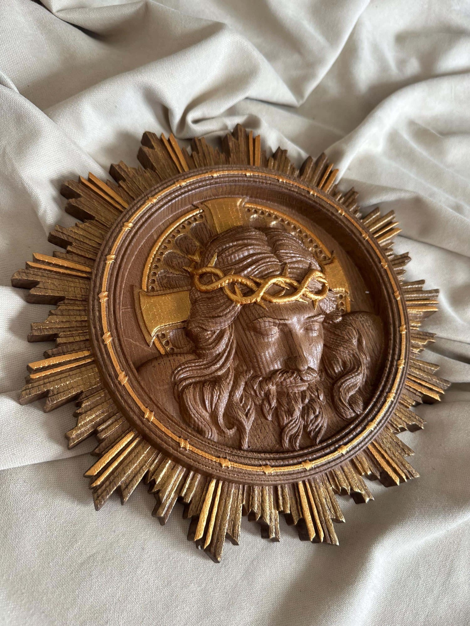 Jesus Art Christ Wearing Crown of Thorns Wooden Carved Christian gift Wall Hanging Art Work gift idea Christmas gift from daughter