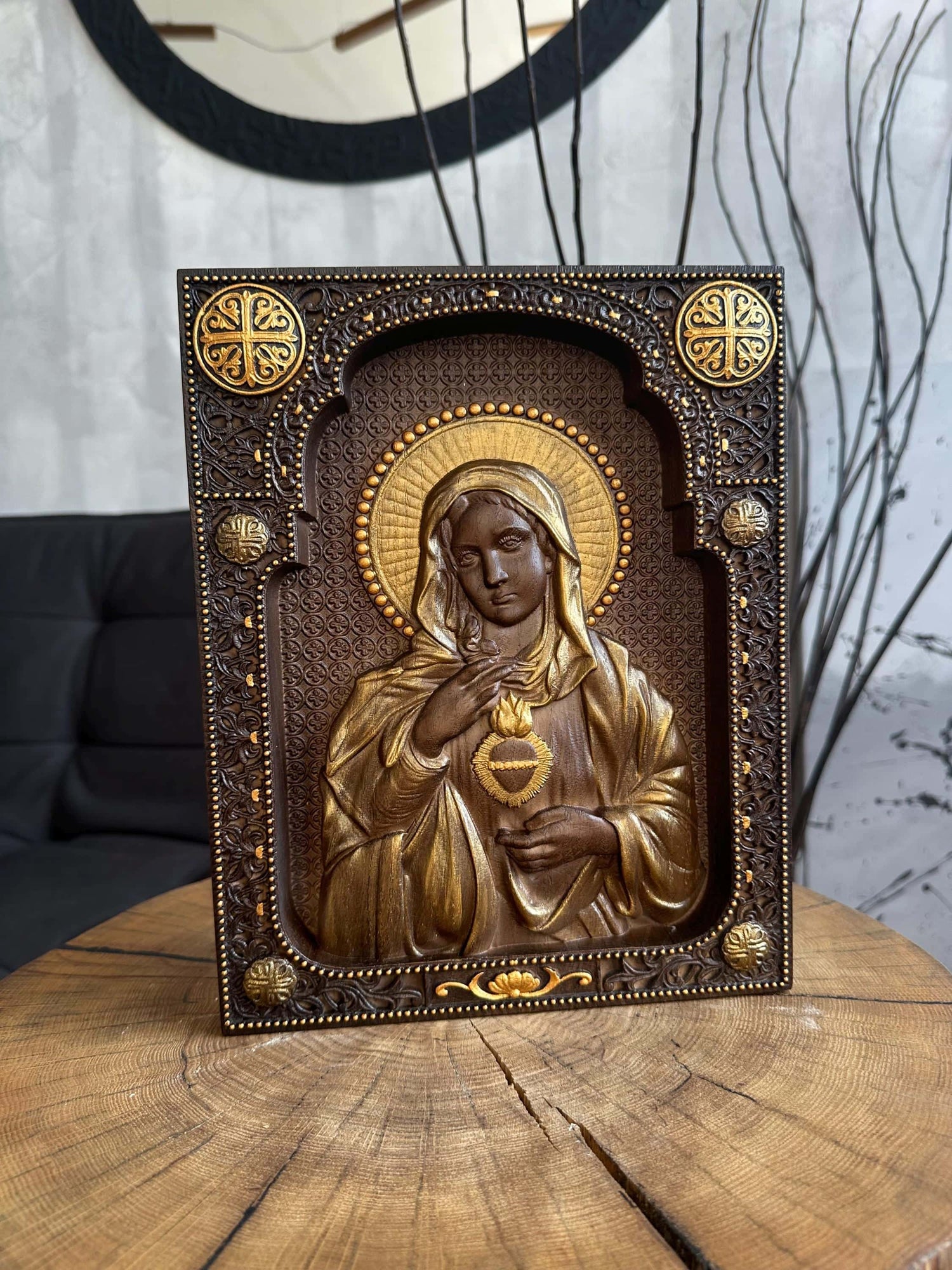 Immaculate Heart of Mary Wooden Carved Christian Sculpture Wall Hanging Art Work gift ideas Fathers Day gift from daughter