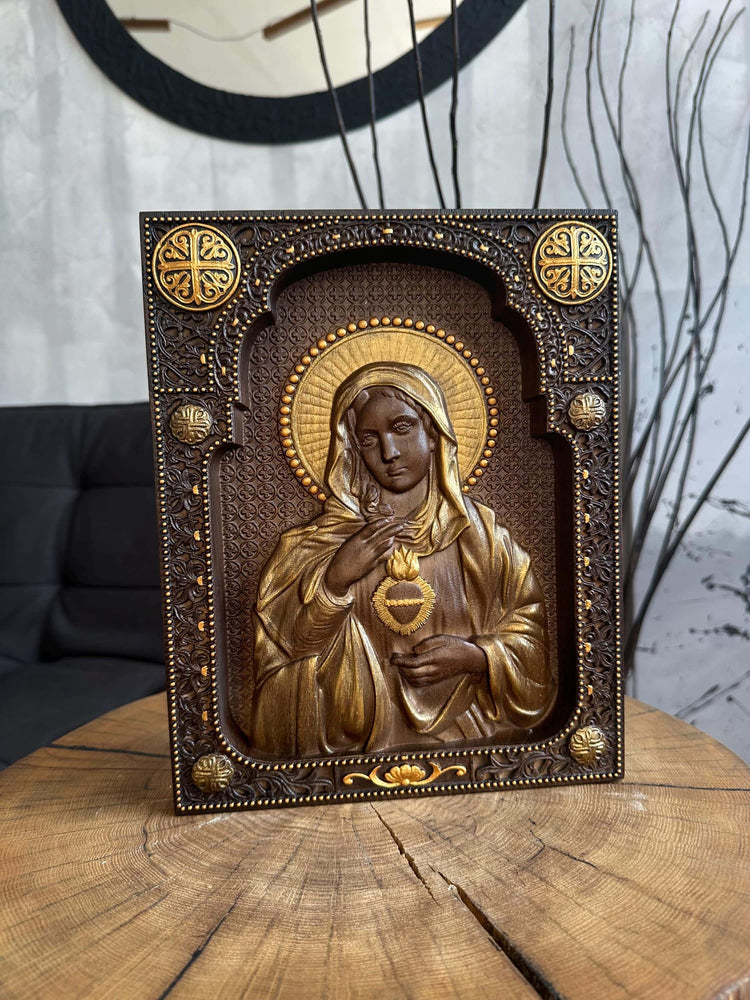 Immaculate Heart of Mary Wooden Carved Christian Sculpture Wall Hanging Art Work gift ideas Fathers Day gift from daughter
