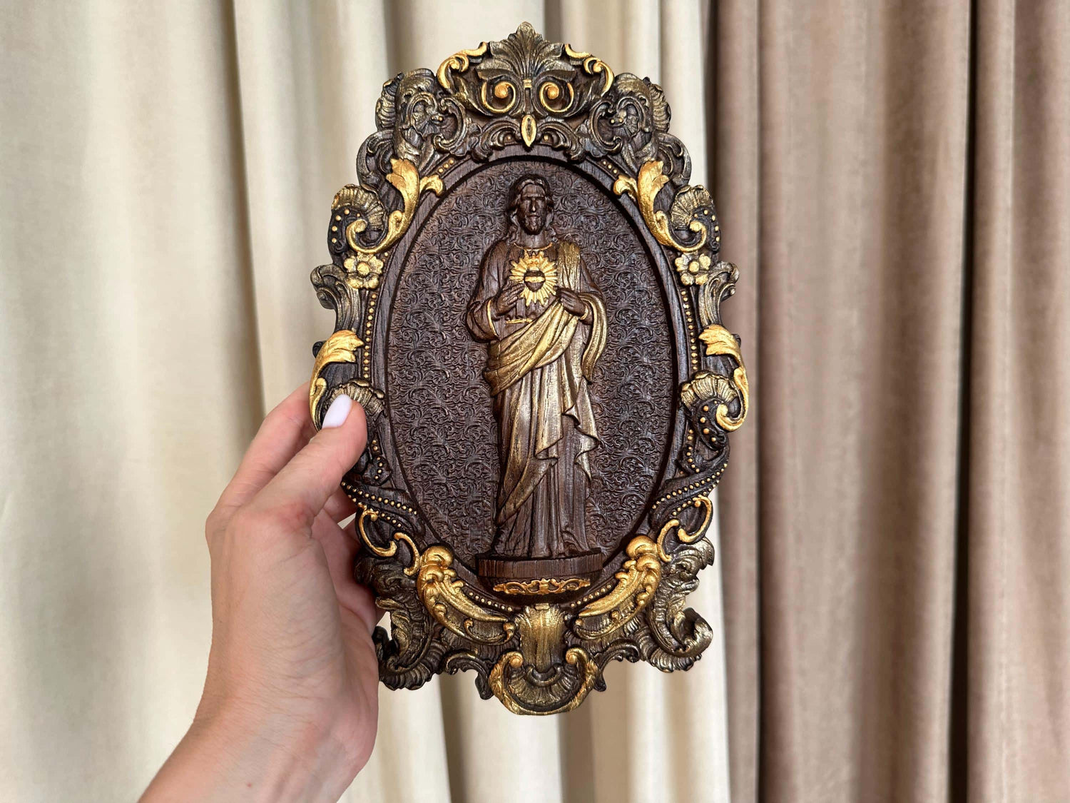 Sacred Heart of Jesus 7"x11" Wooden Carved Christian Sculpture Wall Hanging Art Work gift ideas Fathers Day gift from daughter