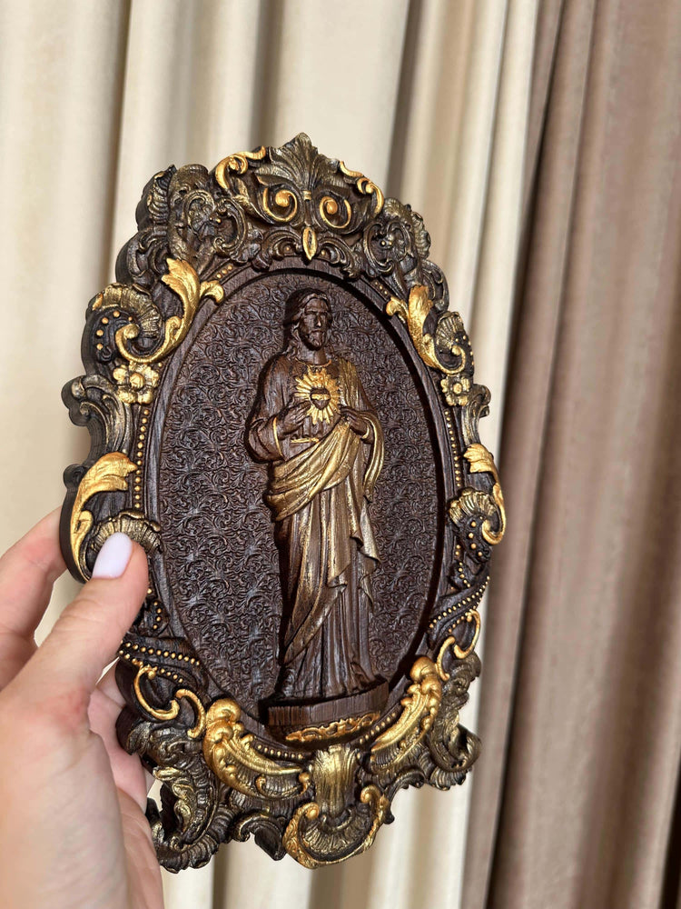 Sacred Heart of Jesus 7"x11" Wooden Carved Christian Sculpture Wall Hanging Art Work gift ideas Fathers Day gift from daughter