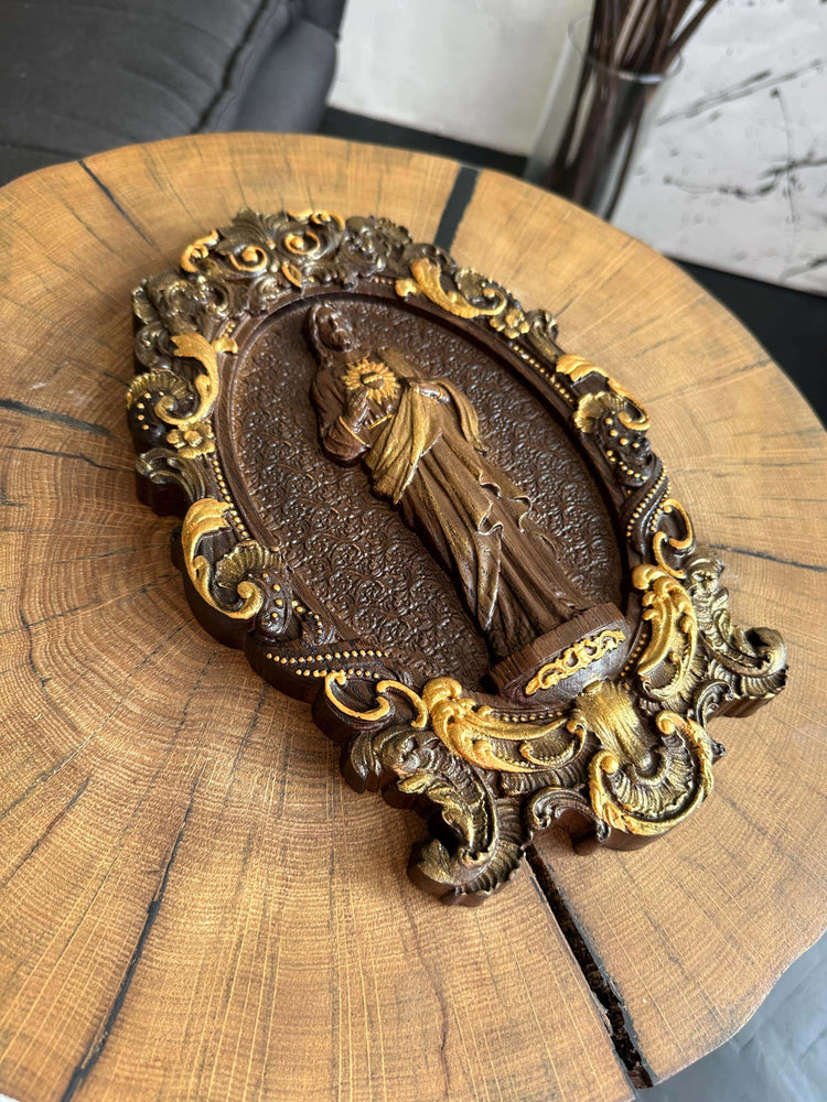 Sacred Heart of Jesus 7"x11" Wooden Carved Christian Sculpture Wall Hanging Art Work gift ideas Fathers Day gift from daughter