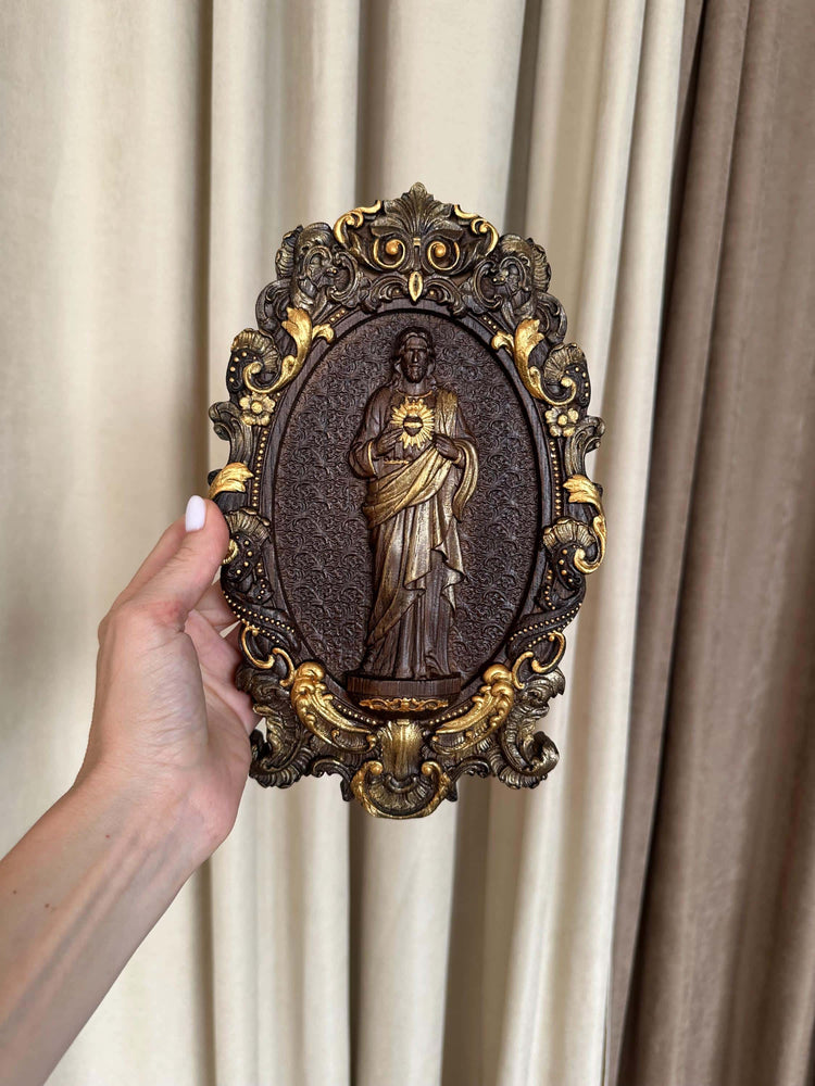 Sacred Heart of Jesus 7"x11" Wooden Carved Christian Sculpture Wall Hanging Art Work gift ideas Fathers Day gift from daughter