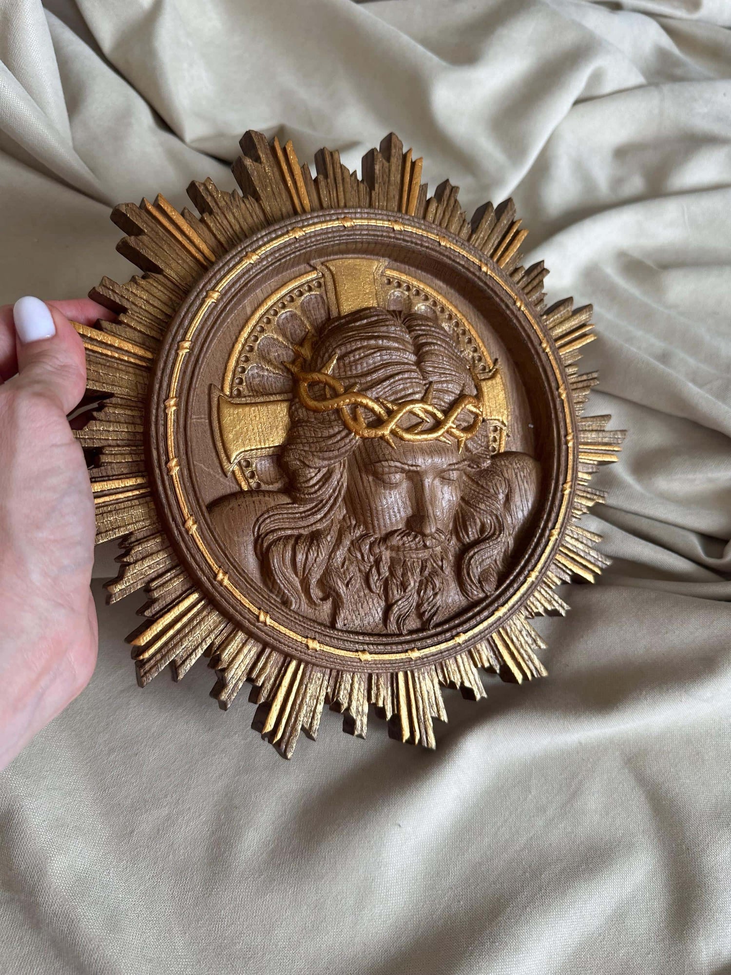 Jesus Art Christ Wearing Crown of Thorns Wooden Carved Christian gift Wall Hanging Art Work gift idea Christmas gift from daughter