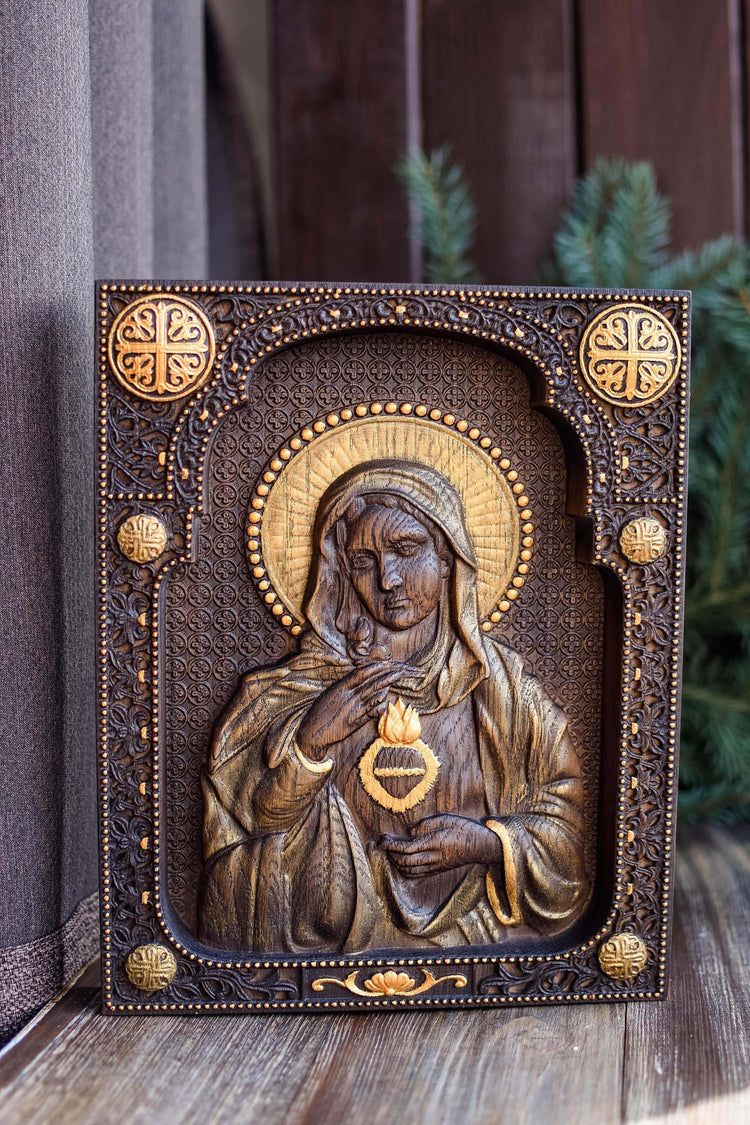 Immaculate Heart of Mary Wooden Carved Christian Sculpture Wall Hanging Art Work gift ideas Fathers Day gift from daughter