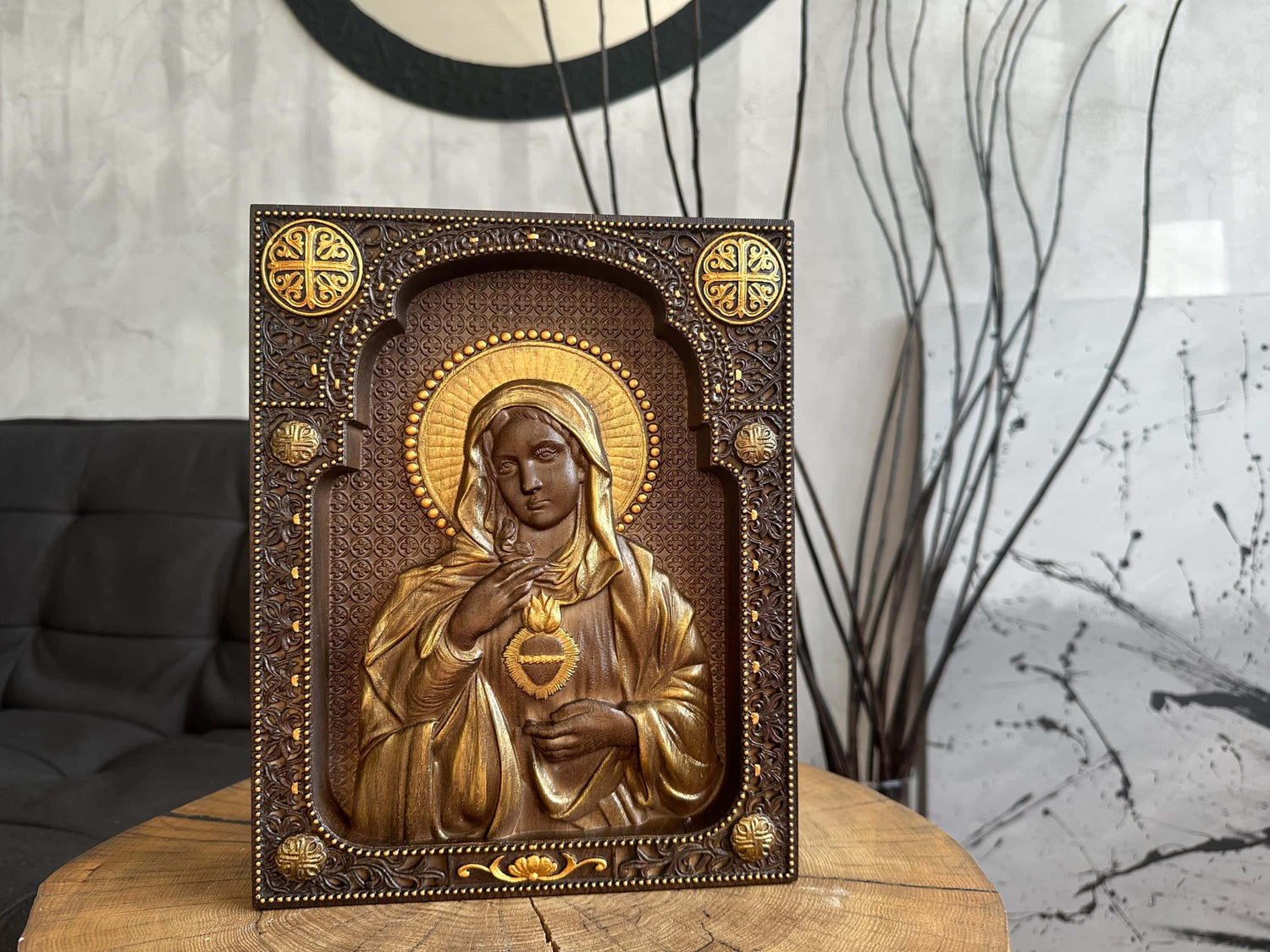 Immaculate Heart of Mary Wooden Carved Christian Sculpture Wall Hanging Art Work gift ideas Fathers Day gift from daughter