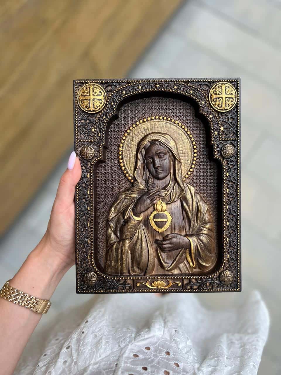Immaculate Heart of Mary Wooden Carved Christian Sculpture Wall Hanging Art Work gift ideas Fathers Day gift from daughter