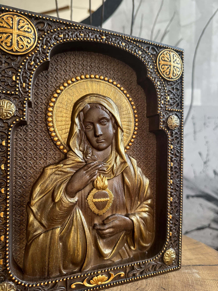 Immaculate Heart of Mary Wooden Carved Christian Sculpture Wall Hanging Art Work gift ideas Fathers Day gift from daughter