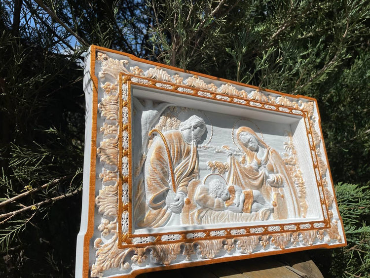 Holy Familly Wooden Carved Plaque Long