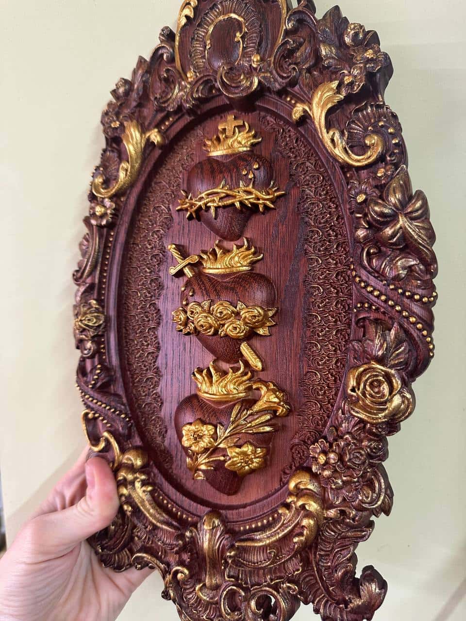 Three Sacred Hearts of the Holy Family Wall Hanging Wooden Art work - Kozak Work Shop