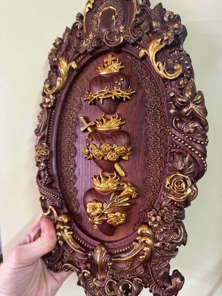 Three Sacred Hearts of the Holy Family Wall Hanging Wooden Art work - Kozak Work Shop