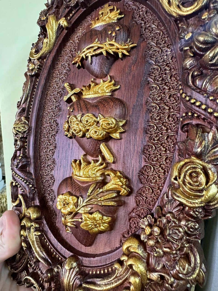 Three Sacred Hearts of the Holy Family Wall Hanging Wooden Art work - Kozak Work Shop