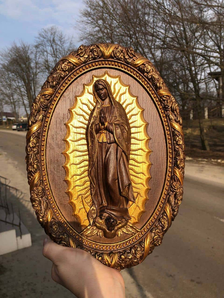 Our Lady of Guadalupe Wooden Sculpture Oval - Kozak Work Shop