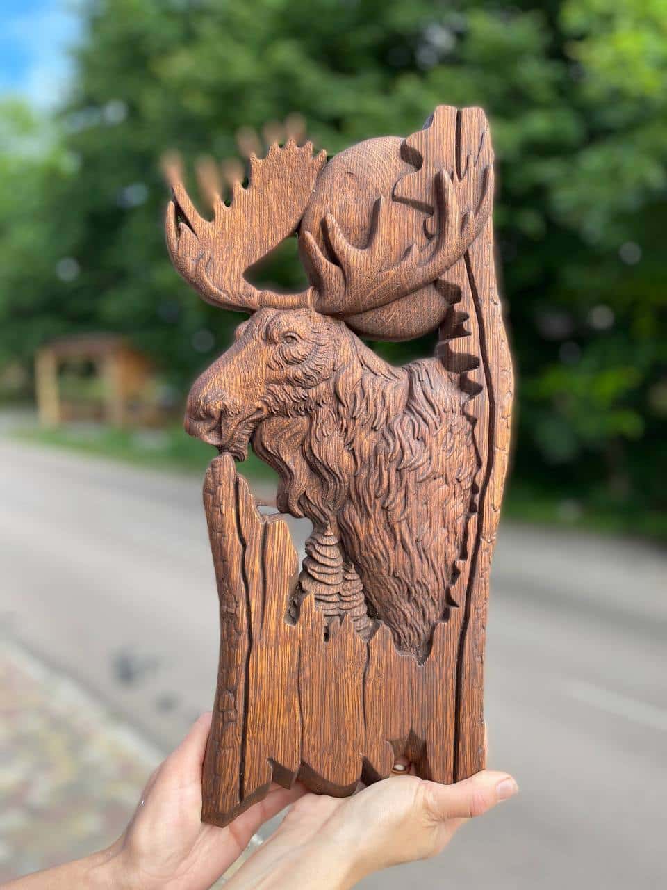 Moose and moon Wooden Carved Plaque - Kozak Work Shop