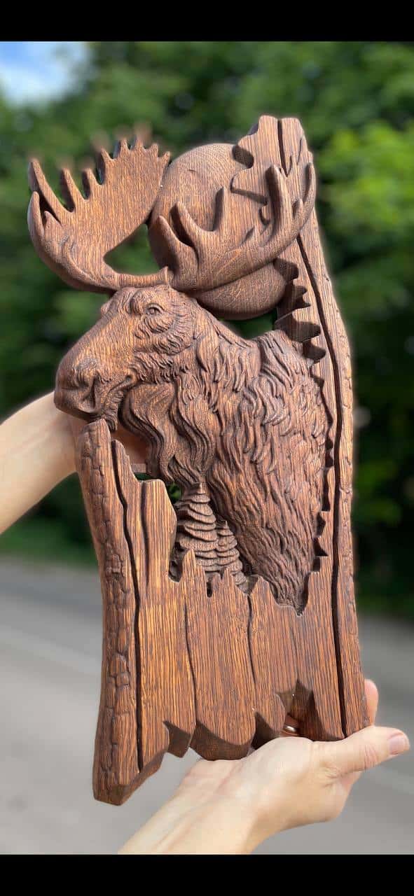 Moose and moon Wooden Carved Plaque - Kozak Work Shop