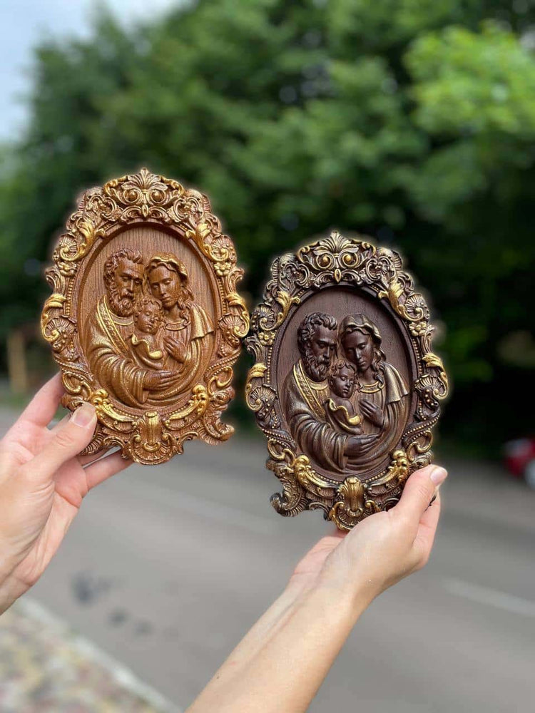 Holy Familly Wooden Carved Icon with Classical Frame - Kozak Work Shop