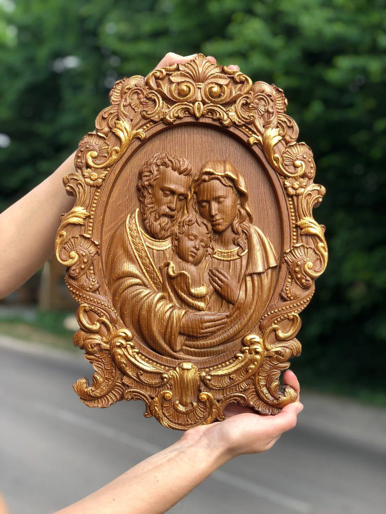 Holy Familly Wooden Carved Icon with Classical Frame - Kozak Work Shop