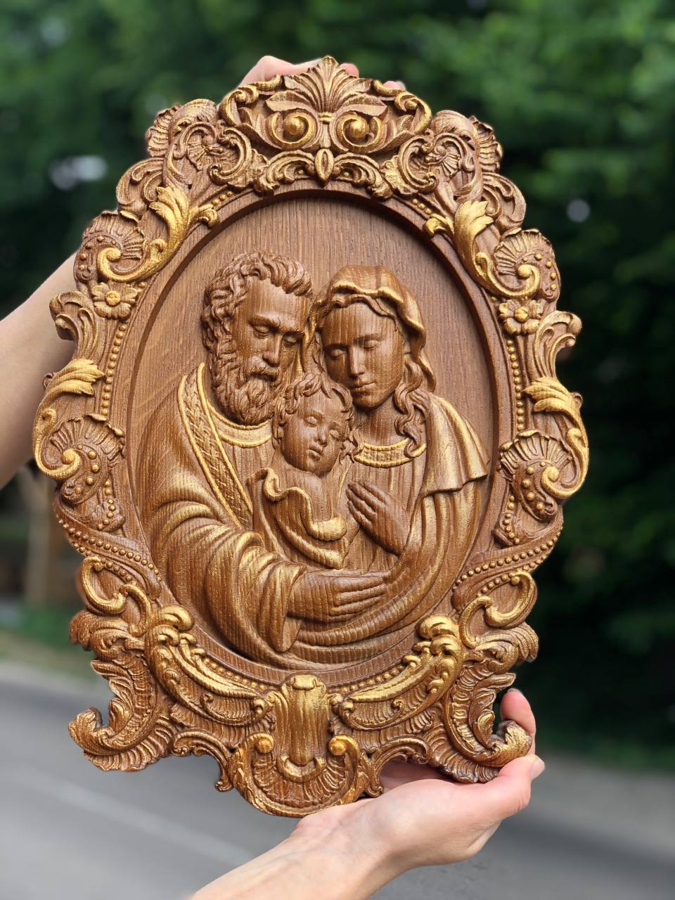 Holy Familly Wooden Carved Icon with Classical Frame - Kozak Work Shop