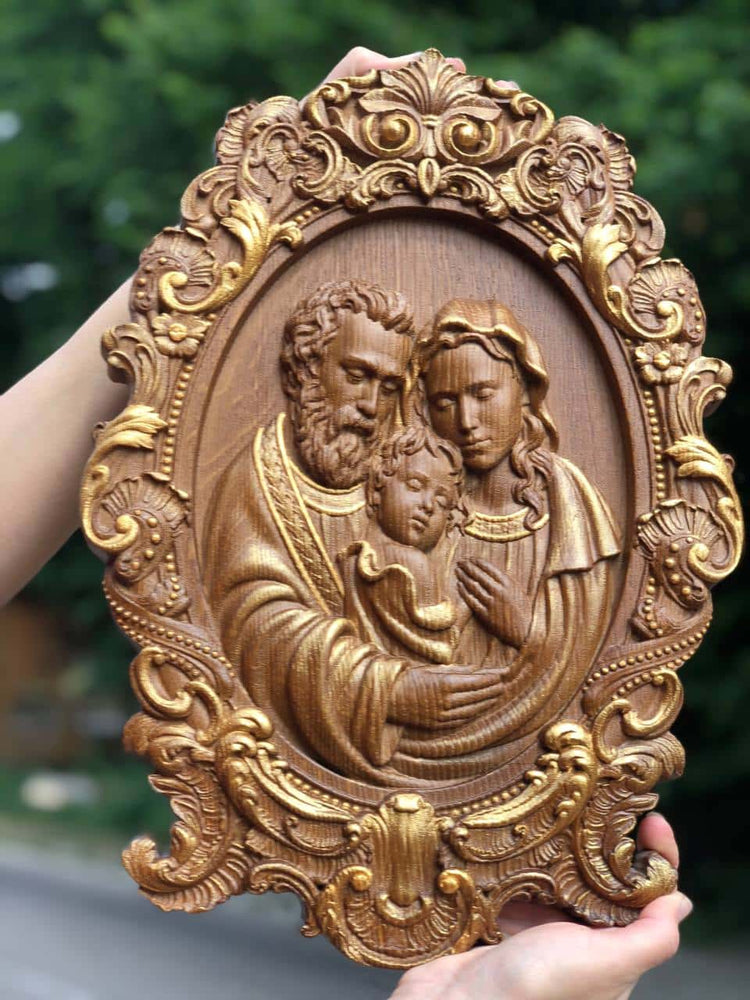 Holy Familly Wooden Carved Icon with Classical Frame - Kozak Work Shop