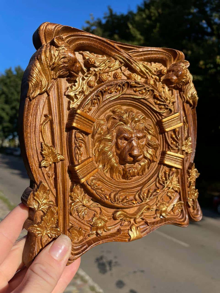 Lion Head Squared Wooden Carved Plaque - Kozak Work Shop