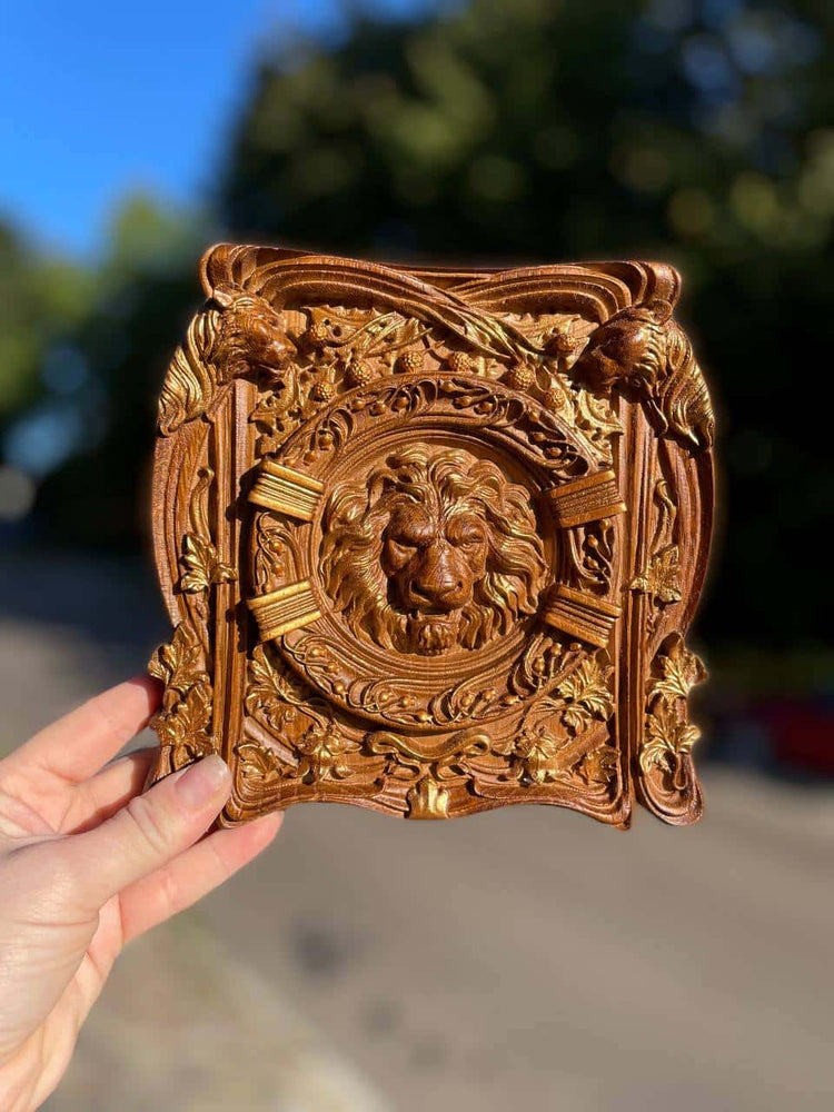Lion Head Squared Wooden Carved Plaque - Kozak Work Shop