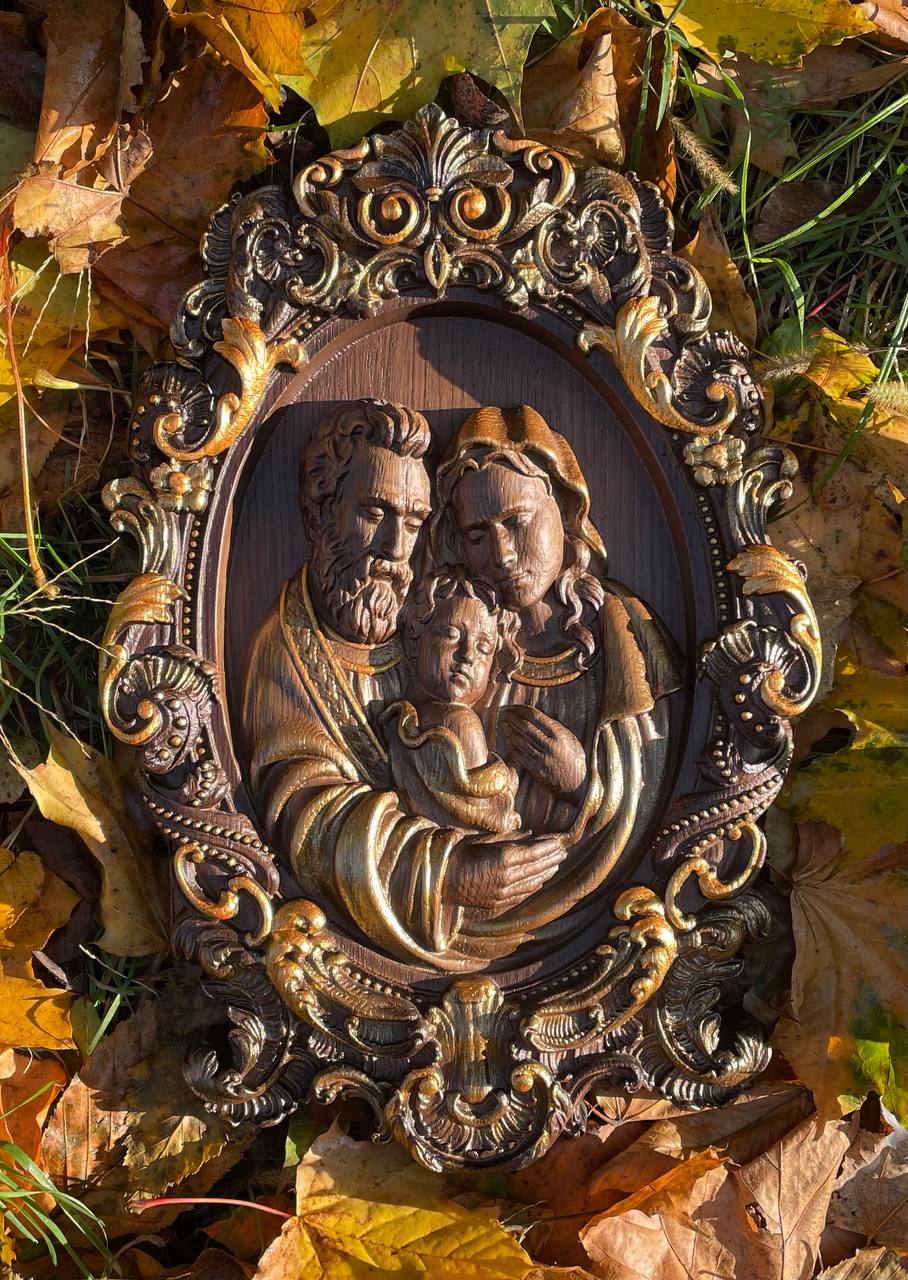 Holy Familly Wooden Carved Icon with Classical Frame - Kozak Work Shop