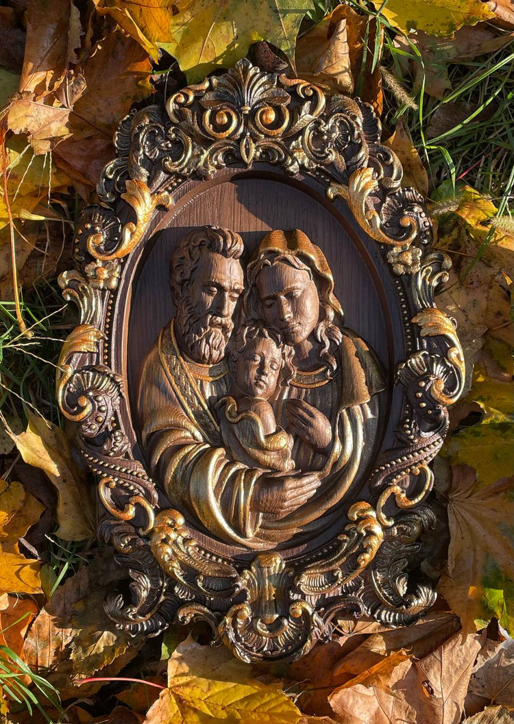 Holy Familly Wooden Carved Icon with Classical Frame - Kozak Work Shop
