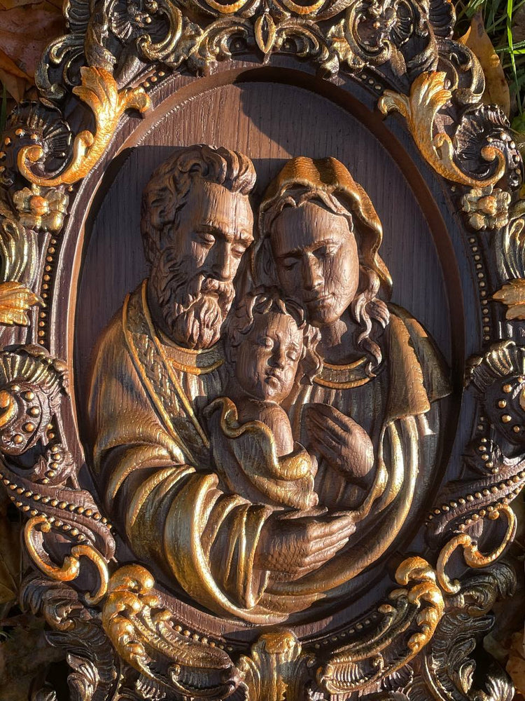 Holy Familly Wooden Carved Icon with Classical Frame - Kozak Work Shop