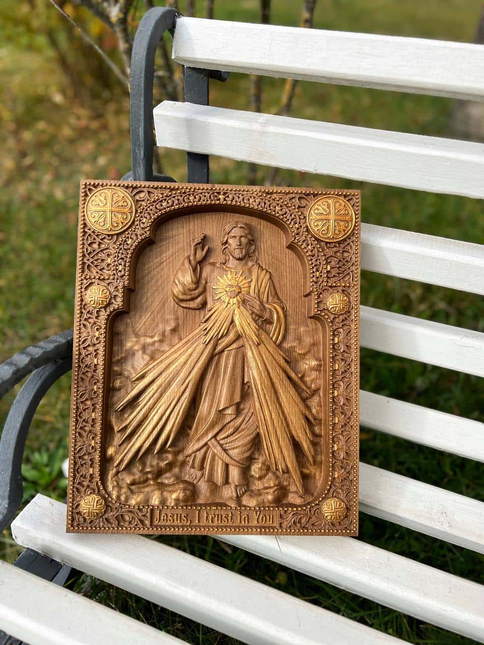 Divine Mercy Icon on Solid Oak Wood Catholic Home Decor - Kozak Work Shop