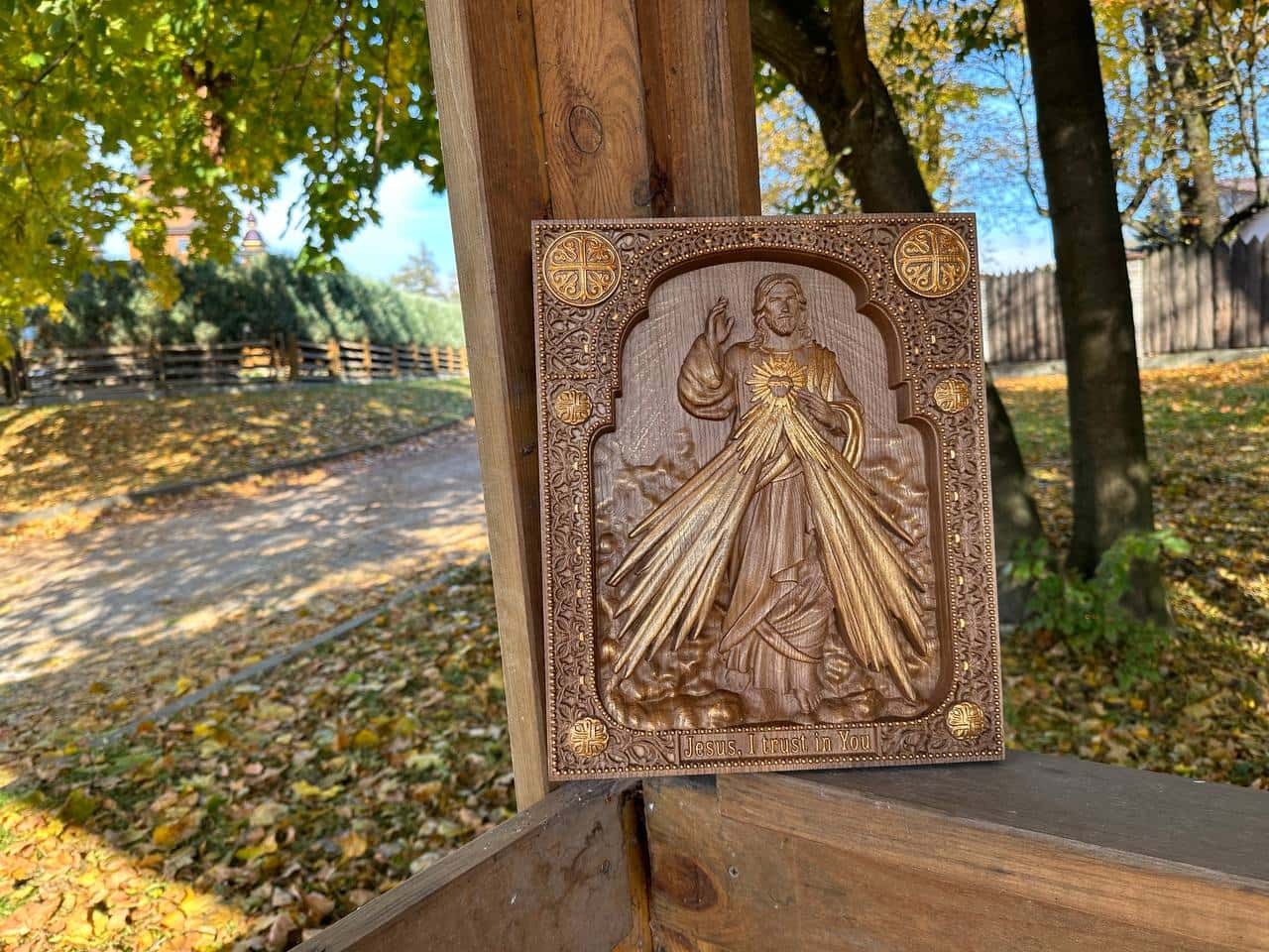 Divine Mercy Icon on Solid Oak Wood Catholic Home Decor - Kozak Work Shop