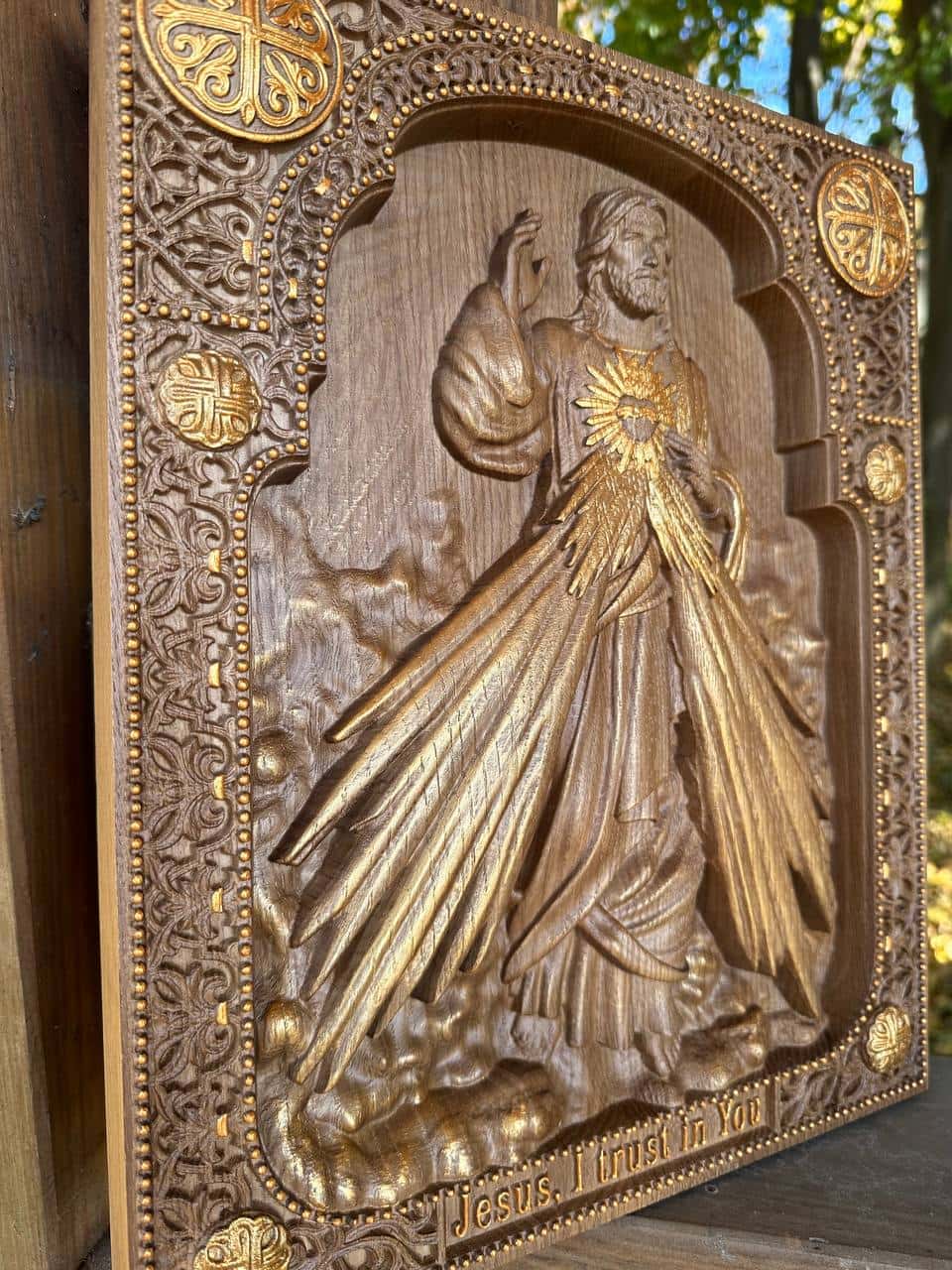 Divine Mercy Icon on Solid Oak Wood Catholic Home Decor - Kozak Work Shop