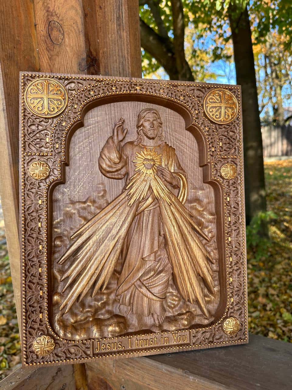 Divine Mercy Icon on Solid Oak Wood Catholic Home Decor - Kozak Work Shop