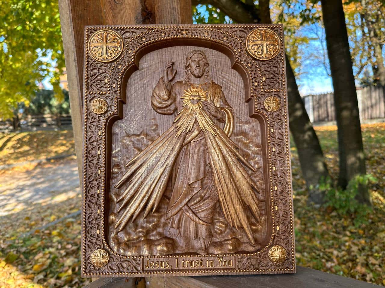 Divine Mercy Icon on Solid Oak Wood Catholic Home Decor - Kozak Work Shop