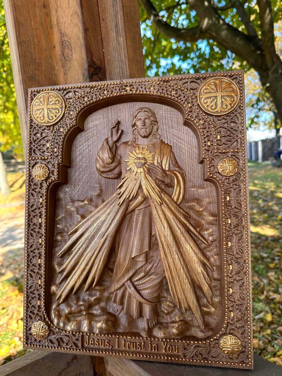 Divine Mercy Icon on Solid Oak Wood Catholic Home Decor - Kozak Work Shop