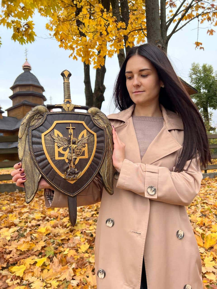 The shield with Ukrainian Trident and Archangel Michael Wooden Plaque - Kozak Work Shop