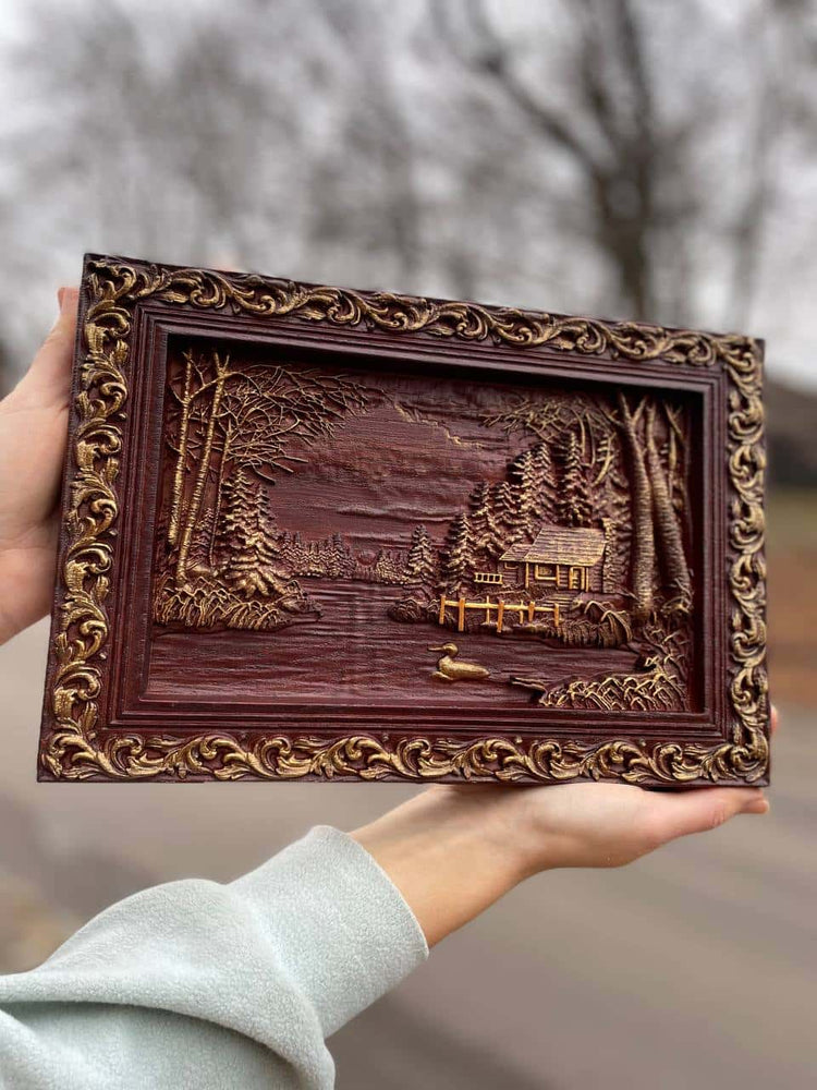Wooden carved picture In the village - Kozak Work Shop